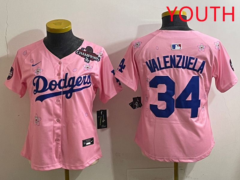 Youth Los Angeles Dodgers 34 Valenzuela Pink Sakura Edition 2025 Nike MLB Jersey style 37